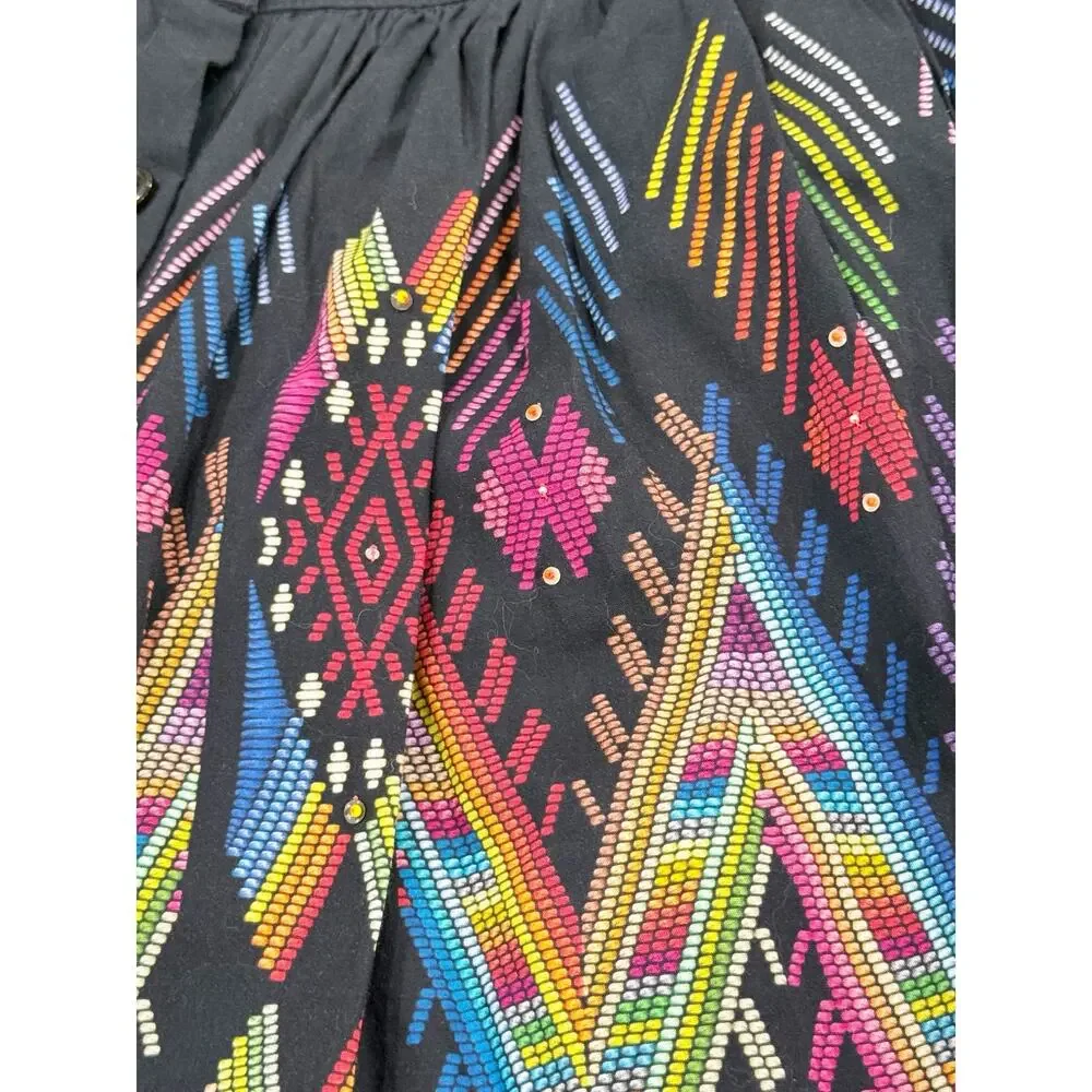 Anthropologie Tanvi Kedia Iris Tiered Midi Skirt Black Chevron Button Front XS